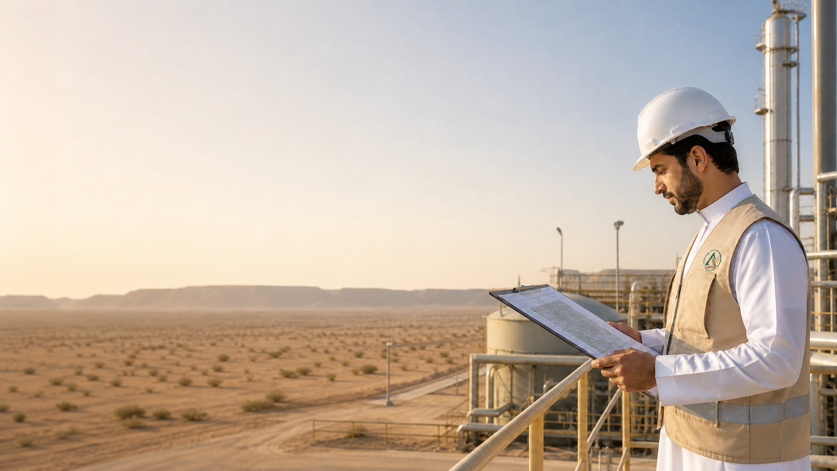 An Alrsd Environmental Company consultant reviewing a site plan inside an industrial facility